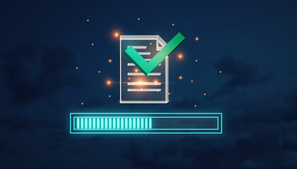 The Loading Bar. Below it a minimalist futuristic loading bar is glowing bright cyan and is almost complete. As it fills a large green checkmark symbol materializes above the document icon.