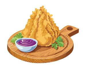 Golden brown deep-fried onion snack, perhaps a samosa or bhaji, presented on a wooden platter with a side of purple creamy dipping sauce - Vector Illustration