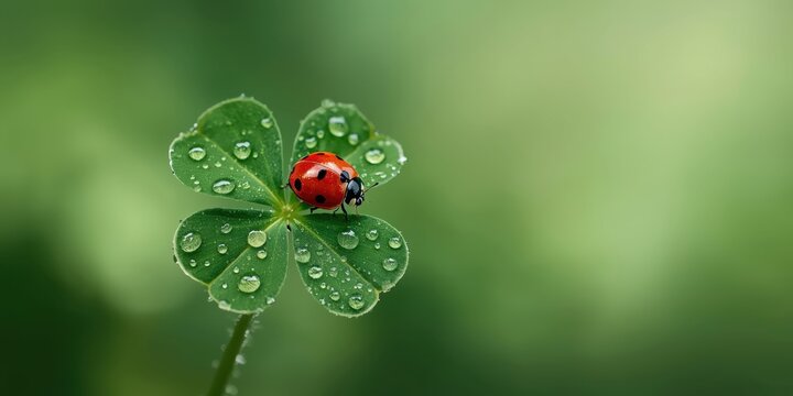 Lucky four leaf clover with ladybug and water droplets for good luck concept