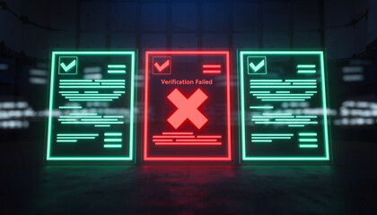 The "Rejected" Document. The scene shows three floating holographic documents in a row. Two documents are glowing green with checkmarks.
