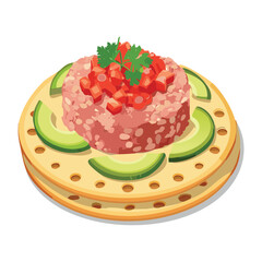 Savory chopped vegetable and tomato mixture, layered over a round flatbread or tortilla, creating a fresh and vibrant appetizer - Vector Illustration