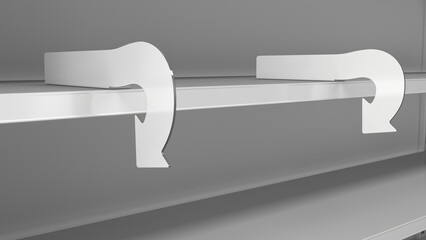 Mockup of retail shelves with arrow-shaped shelf stoppers. 3d illustration
