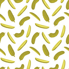 Pickles seamless pattern. Various pickled cucumbers and cucumber slices on white background. Fermentation of vegetables. Food vector illustration