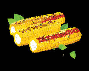 Three golden pieces of perfectly grilled corn on the cob, simply seasoned and ready to be enjoyed as a summer barbecue side - Vector Illustration