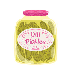 Dill Pickles jar. Pickled cucumbers in a glass jar. Fermentation of vegetables. Food vector illustration isolated on white background.