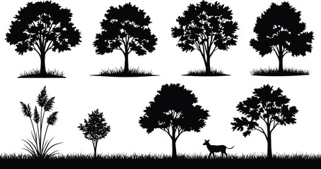 Tree, Grass, Plant, Nature, Forest, Landscape, Outdoor, Dog, Animal, Wildlife, Environment, Silhouette, Vector, Design, Illustration