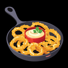 Crispy golden onion rings, lightly fried and piled high in a black cast iron skillet, a popular American side dish or snack - Vector Illustration