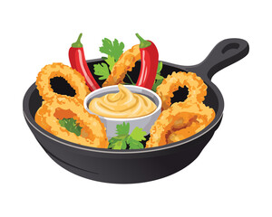 Cast iron skillet containing perfectly fried calamari rings, garnished with fresh herbs and served with a small bowl of dipping sauce - Vector Illustration