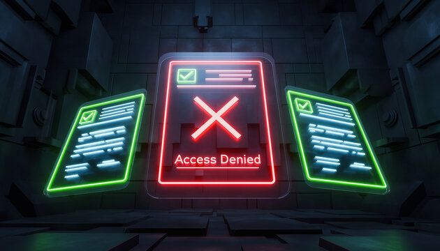 The "Rejected" Document. The scene shows three floating holographic documents in a row. Two documents are glowing green with checkmarks.
