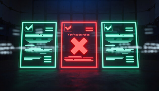 The "Rejected" Document. The scene shows three floating holographic documents in a row. Two documents are glowing green with checkmarks.
 - Powered by Adobe