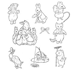 Peter Rabbit, set of illustrations in line art style, doodle, characters.