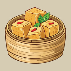 A serving of soft white tofu cubes, gently steamed in a classic bamboo basket, representing a light and protein-rich East Asian dish - Vector Illustration