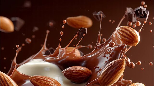 Scattered almonds, chocolate chunks suspended in swirling milk chocolate splash, presenting creamy indulgent texture video 4k