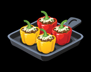 Brightly colored bell peppers, red and yellow, stuffed with a cheesy mixture and baked on a black tray, a flavorful and appealing appetizer - Vector Illustration