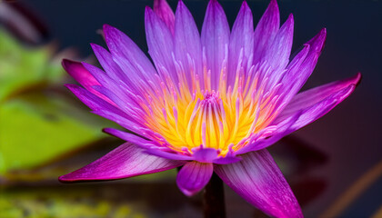 Purple lotus glowing with golden heart. Vivid violet water lily in clean pond. Tropical purple bloom shining in daylight. Bright lotus flower with yellow core