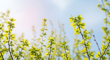 Aesthetic arrangement of natural spring branches, young foliage illuminated by soft sunlight, pastel dreamy sky, airy mood