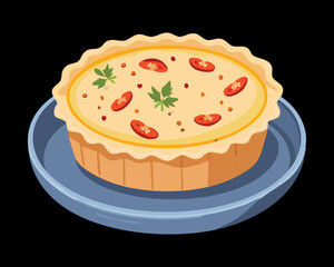 Individual slice of a savory tart or quiche, featuring a golden, flaky crust and a rich egg-and-cheese filling, served on a classic blue ceramic plate - Vector Illustration
