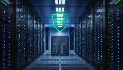 The Server Room Security. The focus is on one rack of network servers with hundreds of small blinking blue lights. A single large holographic projection of a "System Secure" message.