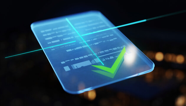 The Single Verified Document. A futuristic scanning light is moving down the document. As it reaches the bottom a large 3D glowing green checkmark symbol appears next to it signifying "verified".
- Powered by Adobe