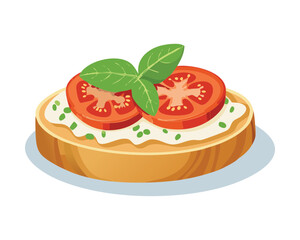 A simple yet classic Italian bruschetta with sliced garden-fresh tomatoes, creamy ricotta cheese, and bright green basil garnish on toasted artisanal bread - Vector Illustration