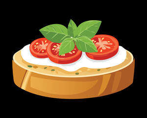 Appetizer toast or bruschetta topped with melted cheese, juicy tomato slices, and fragrant fresh basil leaves for a snack - Vector Illustration