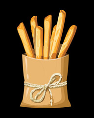 Golden long breadsticks, like Grissini, presented standing upright in a rustic brown paper wrapper, perfect for an appetizer - Vector Illustration
