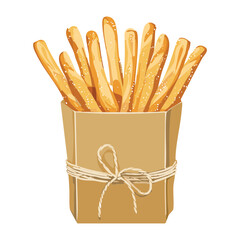 Crispy italian breadsticks or Grissini, tied with twine in a simple brown paper bag, ready for serving or snacking - Vector Illustration