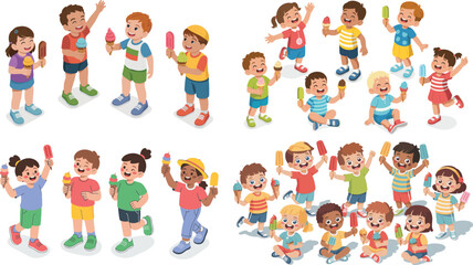 Large Set of Happy Diverse Kids Eating Ice Cream and Popsicles in Various Poses Vector Illustration