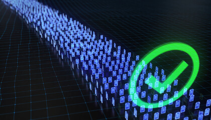 The Verification "Checkpoint". Thousands of tiny glowing blue holographic document icons are flowing like a stream from one point to another on a dark digital grid. .
