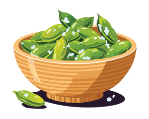 Fresh green edamame in the pod, lightly salted and piled high in a rustic wooden bowl, ready for a healthy snack - Vector Illustration