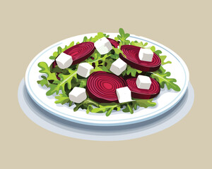 Simple and fresh beet and feta cheese salad with arugula, served on a round white plate for a light meal - Vector Illustration