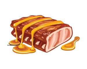 Thick slab of savory meat or pork topped with yellow cheese sauce and a touch of fresh green garnish - Vector Illustration