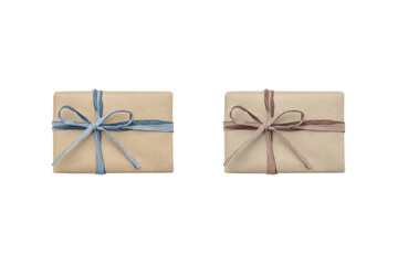 A cutout image of a naturally styled gift decorated with blue and brown ribbons