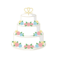 Three Tier White Wedding Cake With Pastel Pink And Blue Flowers And Gold Trim With Interlocking Heart Cake Topper