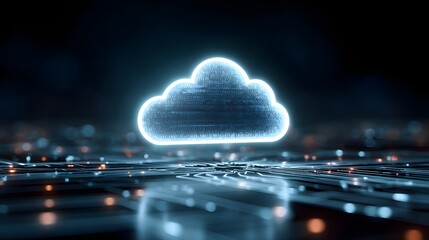 Glowing digital cloud symbol hovers over an illuminated technological surface