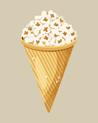 Large beige paper cone filled with fluffy buttery white popcorn, a classic cinema or carnival treat - Vector Illustration