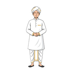 Traditional Indian Man in White Dhoti and Kurta with Gold Trim and Turban Standing Proudly with Folded Hands
