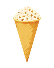 Sweet buttery popcorn served in a beige paper cone, overflowing with kernels, ready for a movie night snack - Vector Illustration
