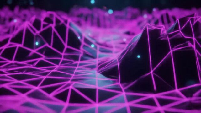 Abstract retro-futuristic landscape with glowing purple grid lines and geometric dark mountains.