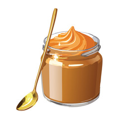 Glass jar of creamy caramel or sweet spread with a small spoon resting inside, ready to drizzle over dessert - Vector Illustration