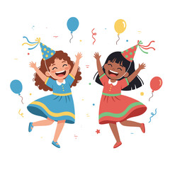 Two Joyful Young Girls Wearing Party Hats Dancing and Celebrating with Balloons and Confetti Against a White Background in a Flat Design Style
