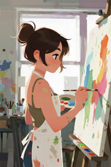 A woman paints on an easel