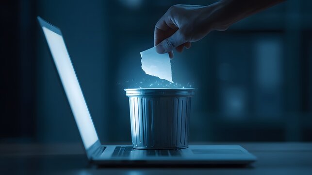 Human hand discards glowing digital information into a miniature waste bin sitting atop a portable computer