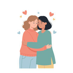 Two Women Embracing Affectionately Surrounded by Hearts Representing Love and Connection with Soft Colors and Gentle Lighting