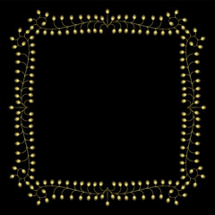 Rectangular botanical border with stylized branches. Square floral frame. Medieval illuminated manuscript motif. olden glossy silhouette on black background.