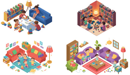 Fototapeta premium Isometric Set of Diverse Kids Playing, Learning, and Reading in Cozy Home or Library Interior Vector