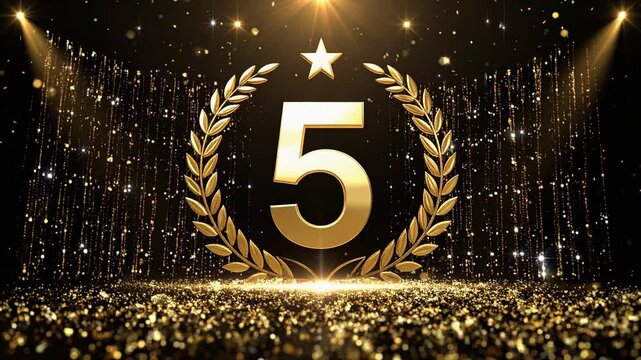 Luxury Golden Number 5 Anniversary Background Video　５周年や5位のイメージ　黒背景に金色の数字5と月桂冠　シームレスループ動画