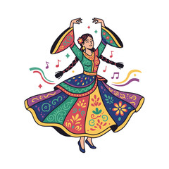 Vibrant Indian Dancer Performing Traditional Kathak Dance in Colorful Festive Attire with Flowing Skirt and Musical Notes Accompanying Her on a Black Background