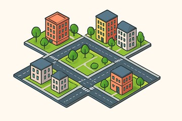Isometric city blocks with roads and parks.