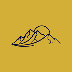 Minimalist mountain landscape illustration with a sun setting in the background, vibrant yellow